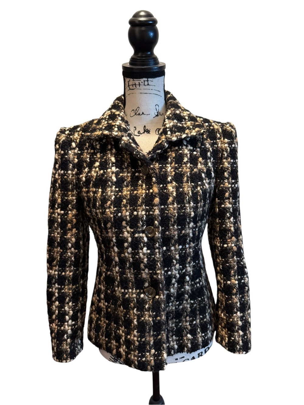 Talbots Petites Tweed Wool Blend Blazer Jacket Black Brown Size 4P NWOT